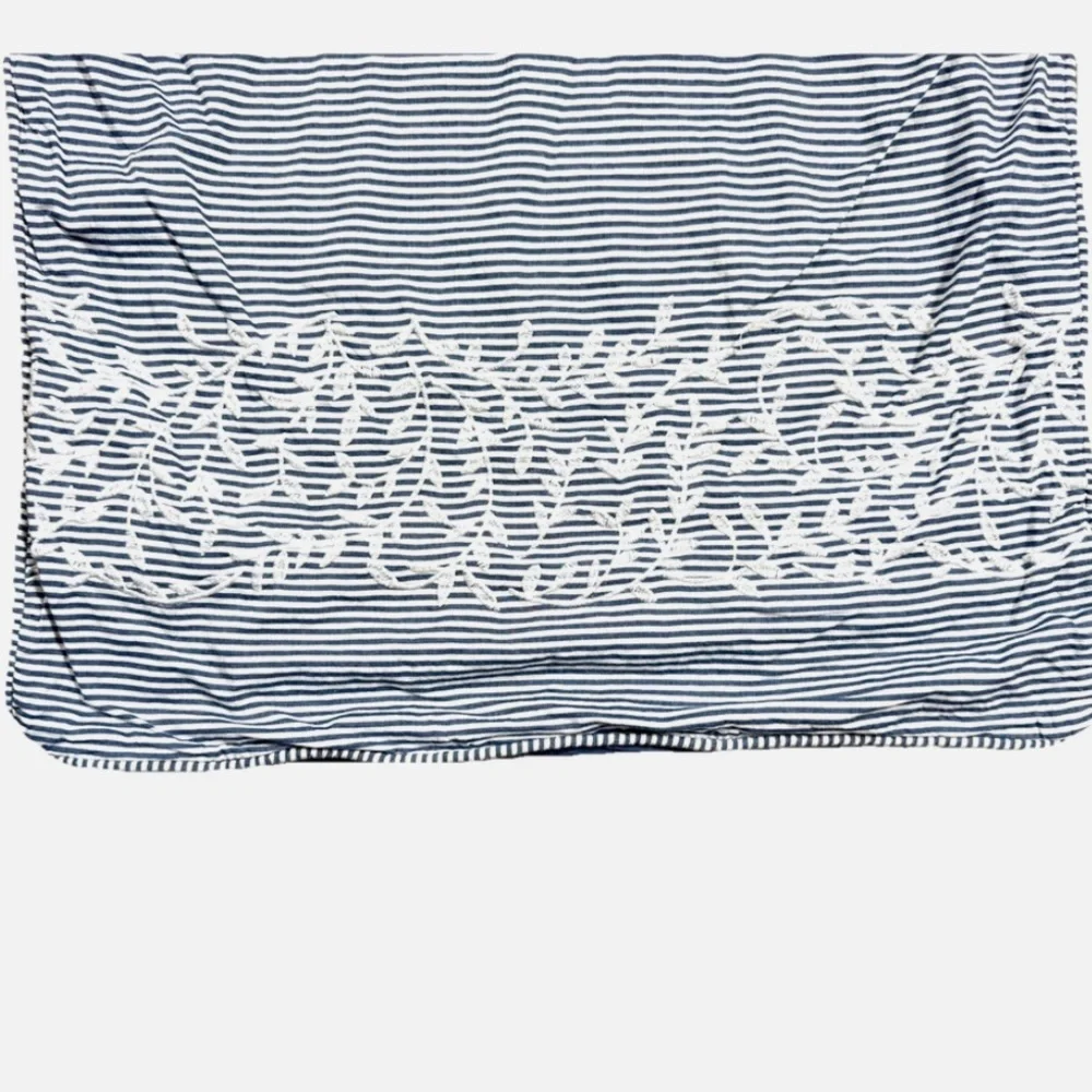 One Kings Lane Pair of Pillowcases Shams Blue Cream Stripe Cotton Embroidered